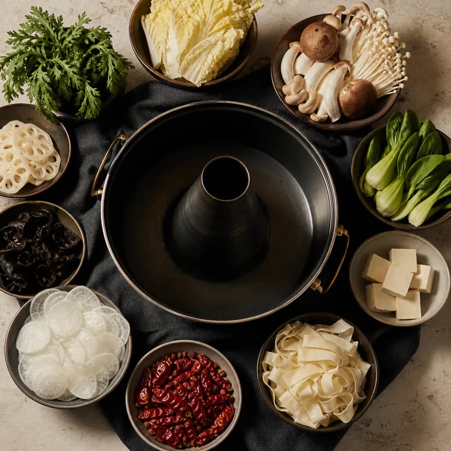 Hotpot med grönsaker, tofu och tillbehör