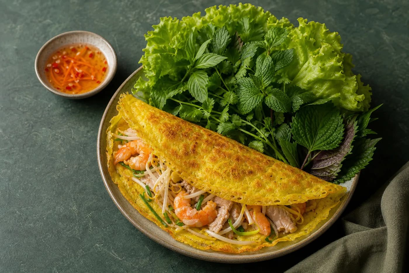 Vietnamese bánh xèo – A thin, crisp rice-flour pancake with shrimp, pork and bean sprouts, served with herbs and dipping sauce.