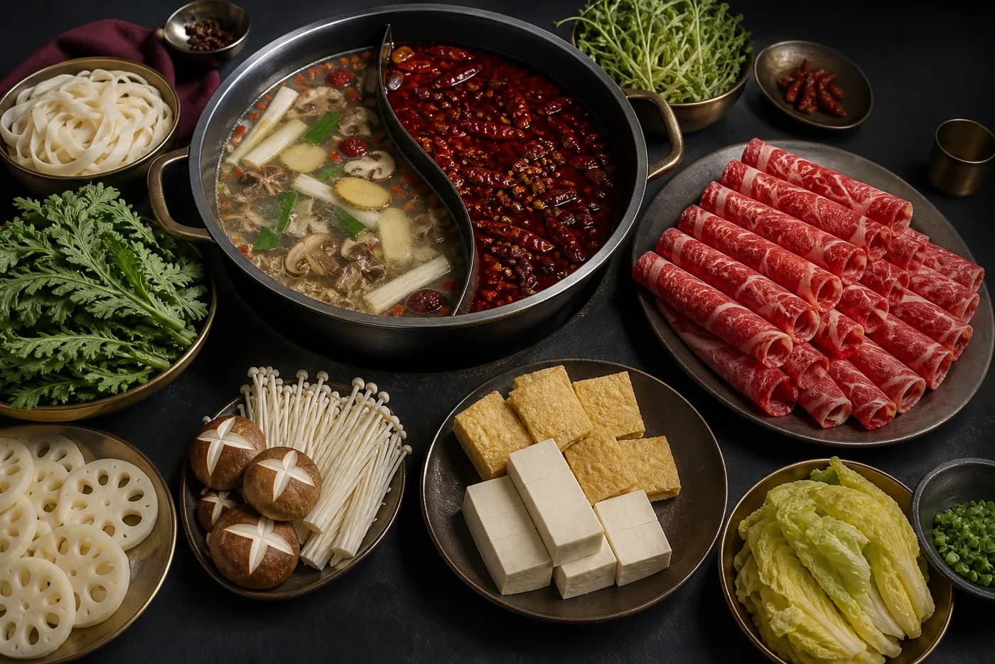 Sichuan hotpot – A steaming, spicy broth in which everyone at the table cooks thin meat, tofu and vegetables.